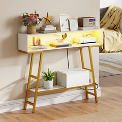 3-Tier Console Table with LED Light and Charging Station-White