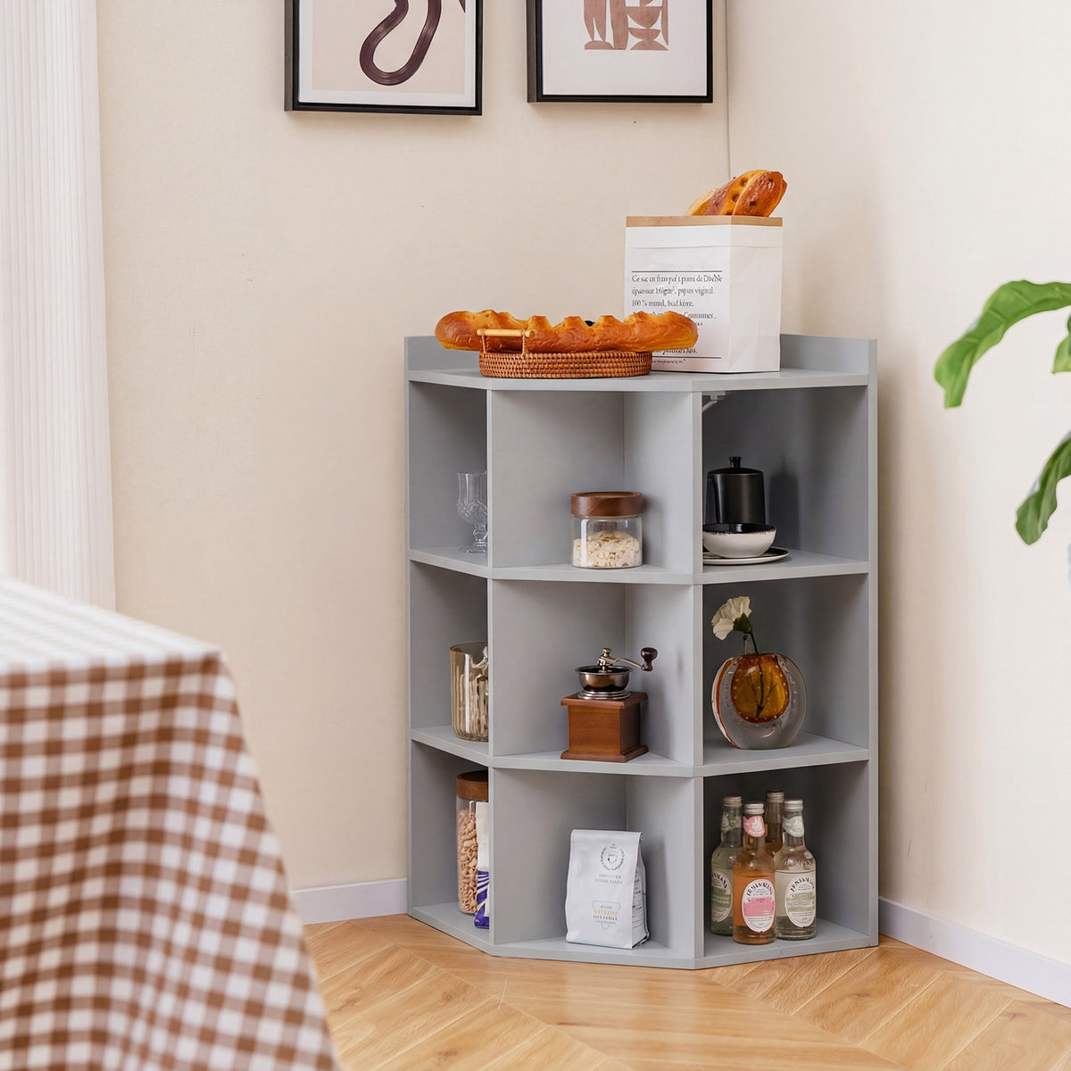 3-Tier Corner Cabinet with Charging Station and 9 Cubbies-Light Grey
