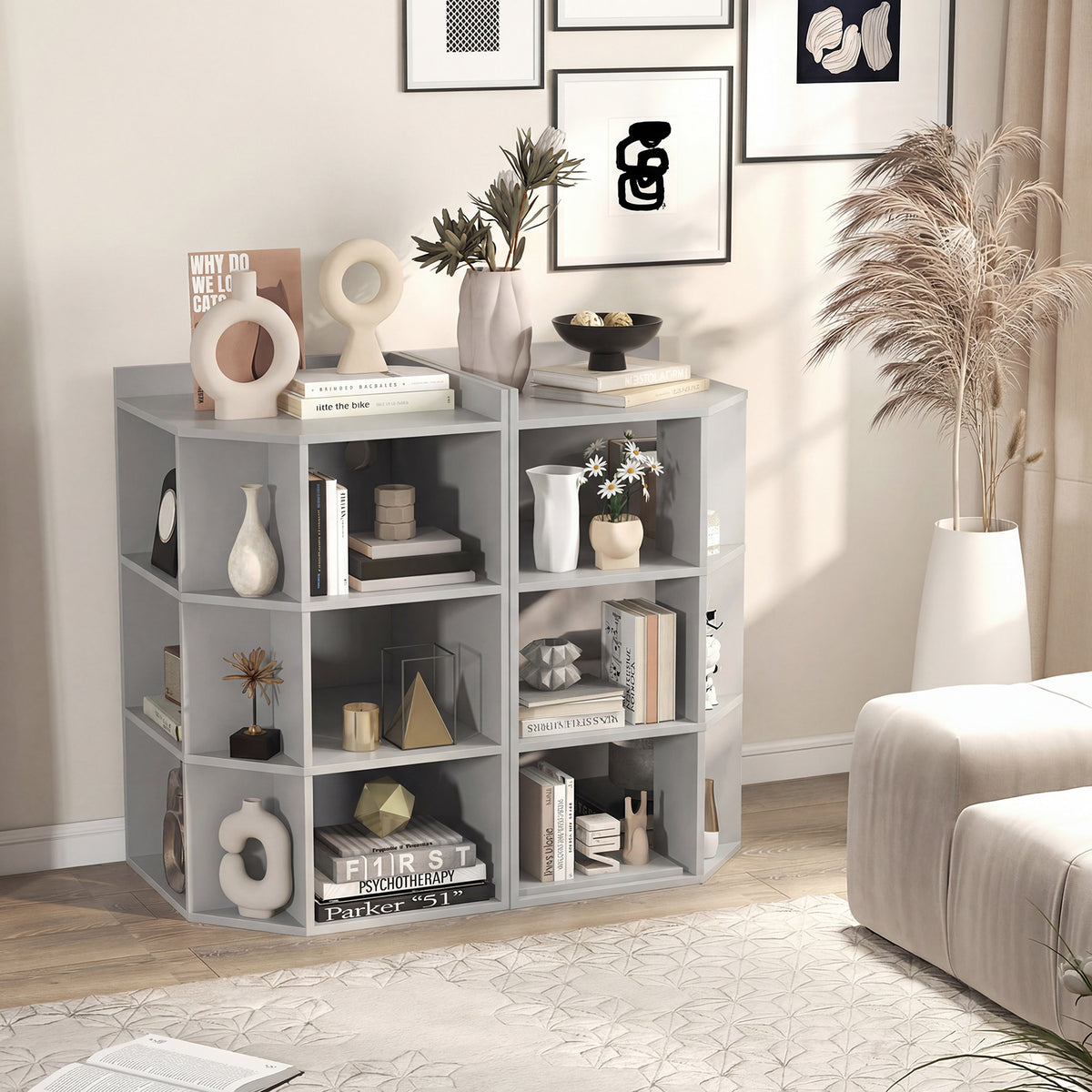 3-Tier Corner Cabinet with Charging Station and 9 Cubbies-Light Grey