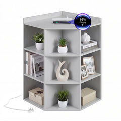3-Tier Corner Cabinet with Charging Station and 9 Cubbies-Light Grey