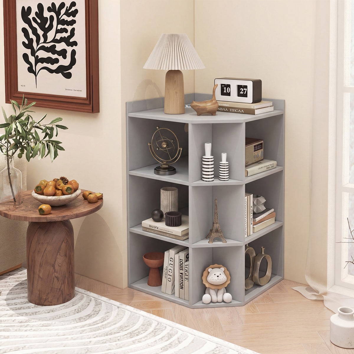 3-Tier Corner Cabinet with Charging Station and 9 Cubbies-Light Grey