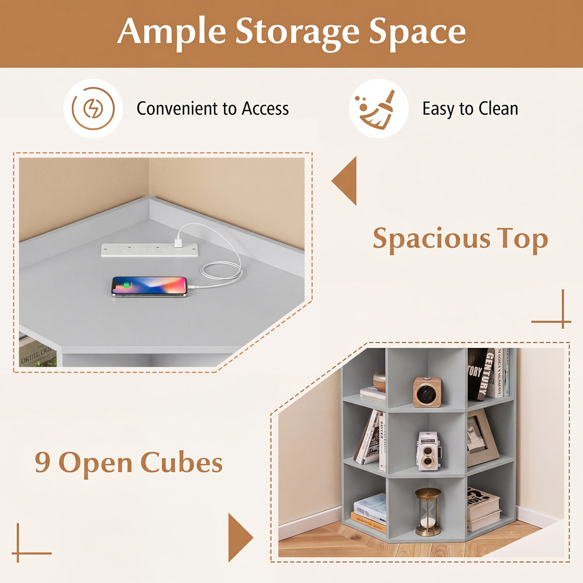 3-Tier Corner Cabinet with Charging Station and 9 Cubbies-Light Grey