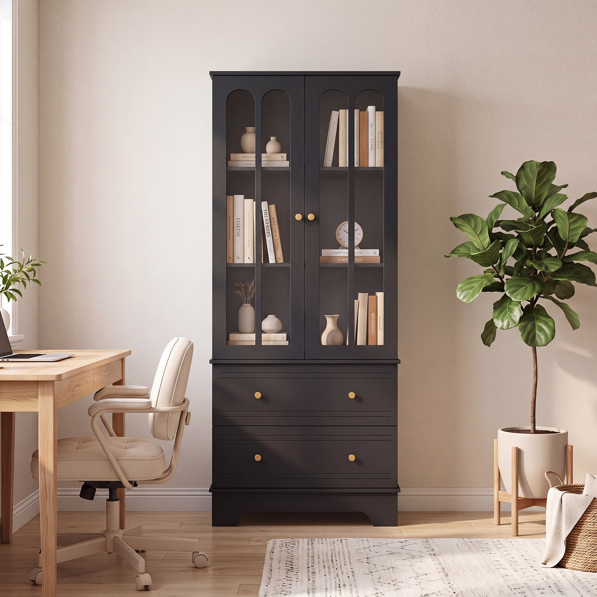 3-Tier Display Storage Cabinet with 2 Drawers and Metal Handles-Black