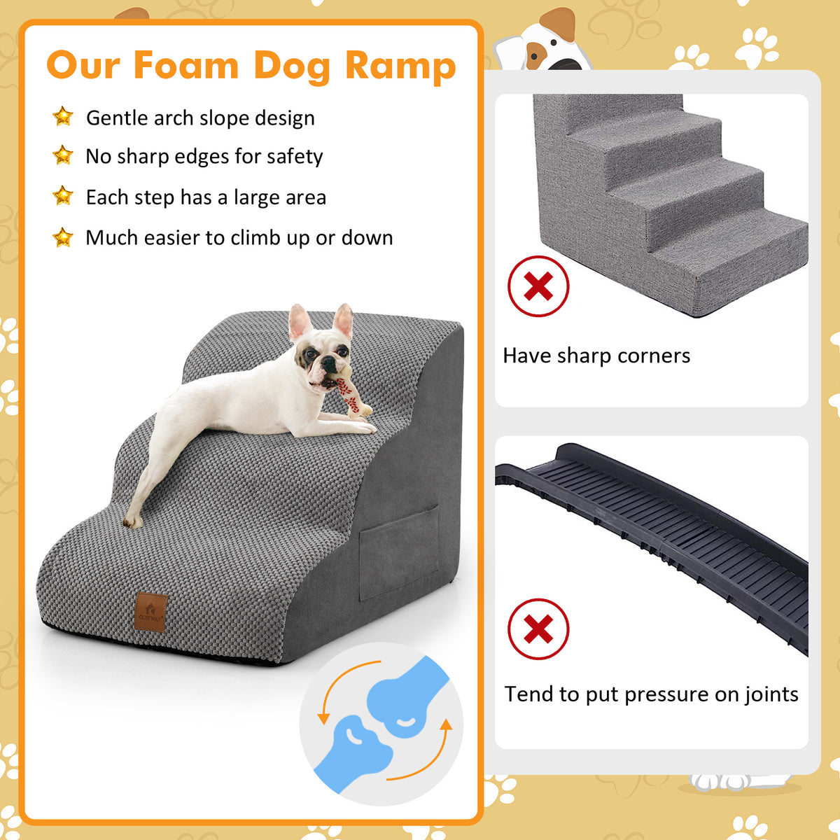 3-Tier Foam Non-Slip Dog Ramp with Gentle Slope Surface-Grey