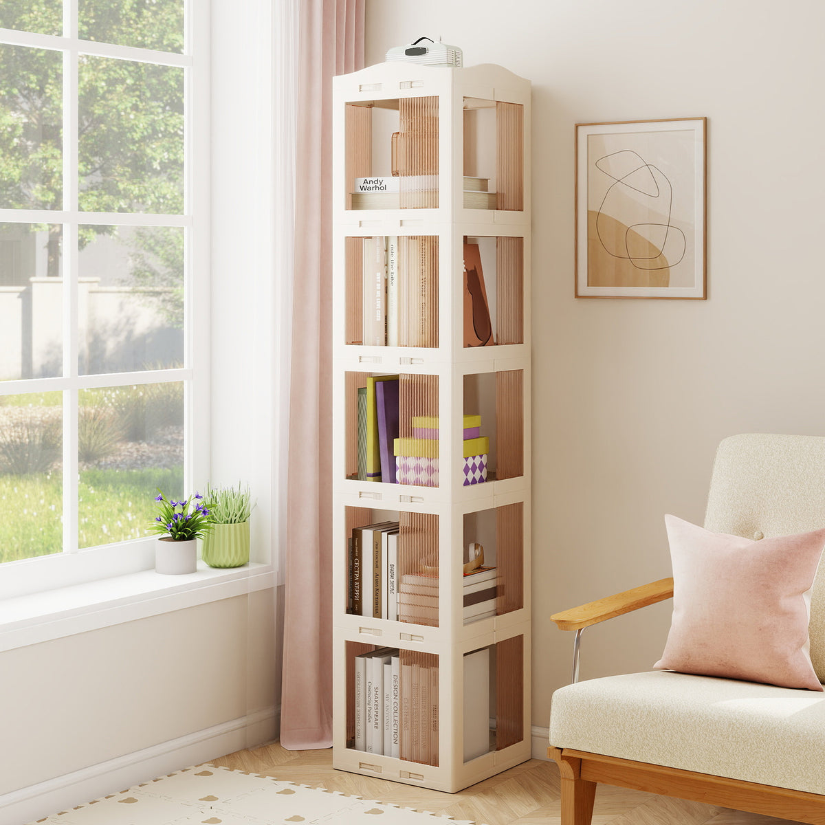 3-Tier Foldable 360° Rotating Bookshelf with Swivel Base-White