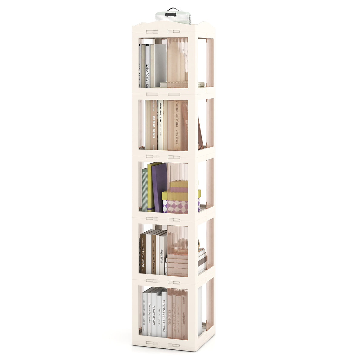 3-Tier Foldable 360° Rotating Bookshelf with Swivel Base-White