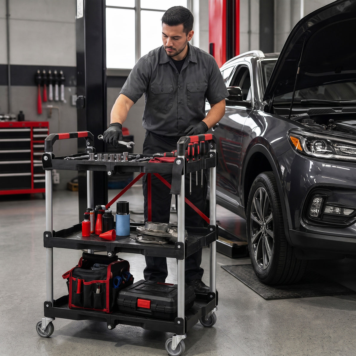 3-Tier Folding Utility Cart with 360° Swivel Wheels for Garage-Black
