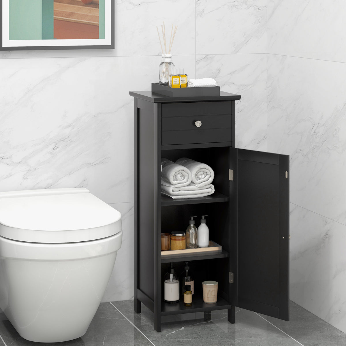 3-Tier Free-Standing Bathroom Cabinet with Drawer-Black