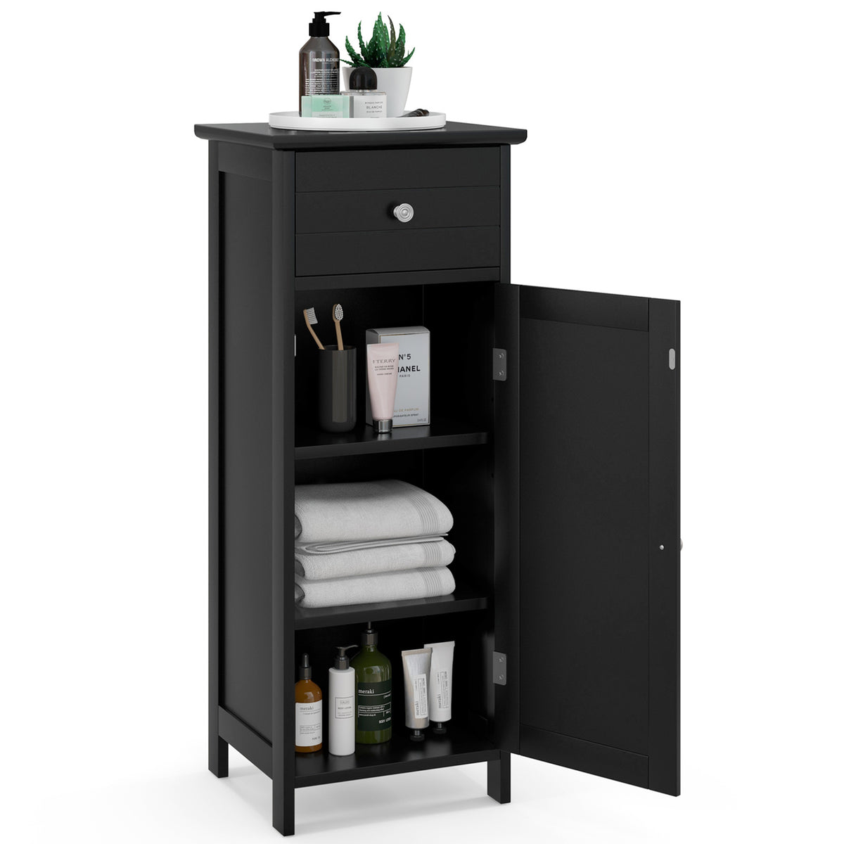 3-Tier Free-Standing Bathroom Cabinet with Drawer-Black