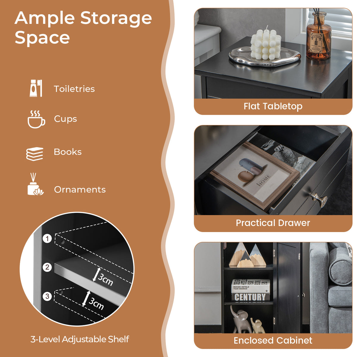 3-Tier Free-Standing Bathroom Cabinet with Drawer-Black
