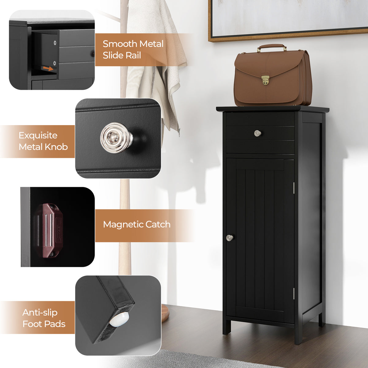3-Tier Free-Standing Bathroom Cabinet with Drawer-Black