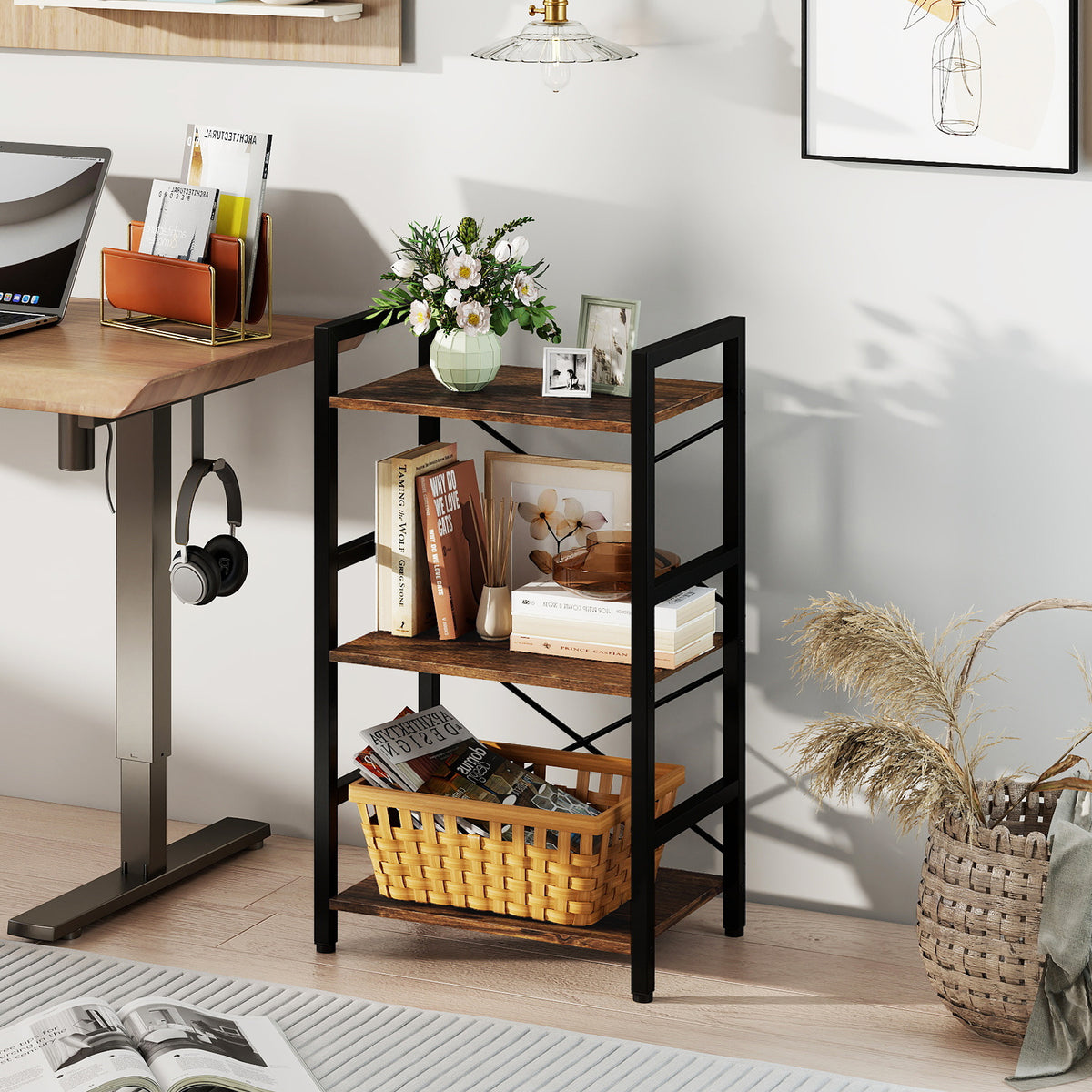 3-Tier Industrial Bookshelf with Metal Frame for Home Office-Rustic Brown