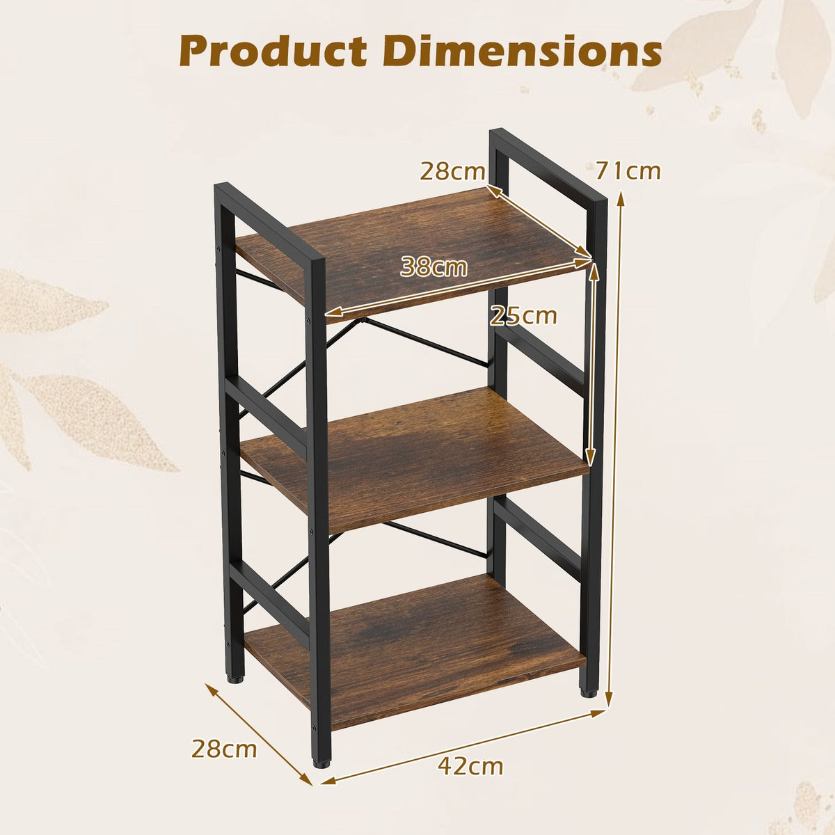 3-Tier Industrial Bookshelf with Metal Frame for Home Office-Rustic Brown