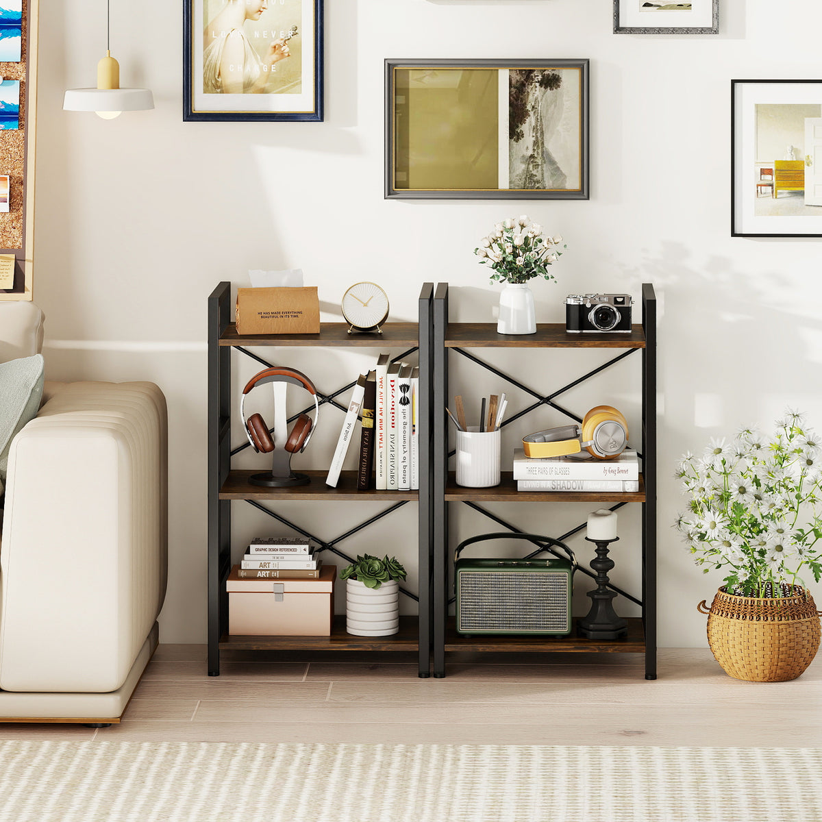 3-Tier Industrial Bookshelf with Metal Frame for Home Office-Rustic Brown