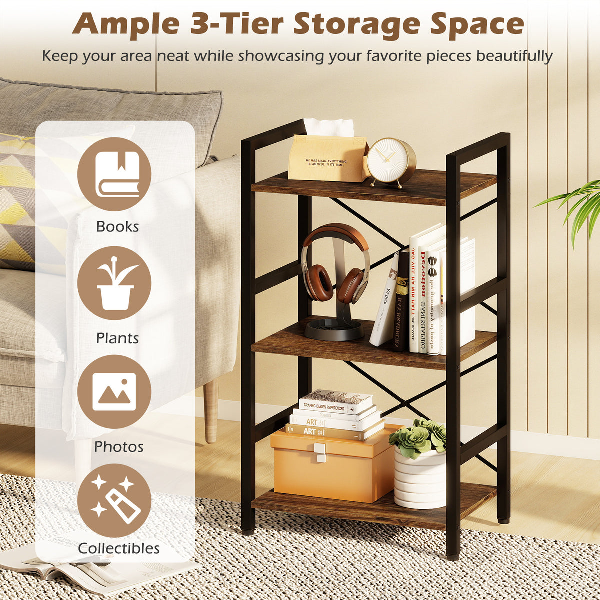 3-Tier Industrial Bookshelf with Metal Frame for Home Office-Rustic Brown