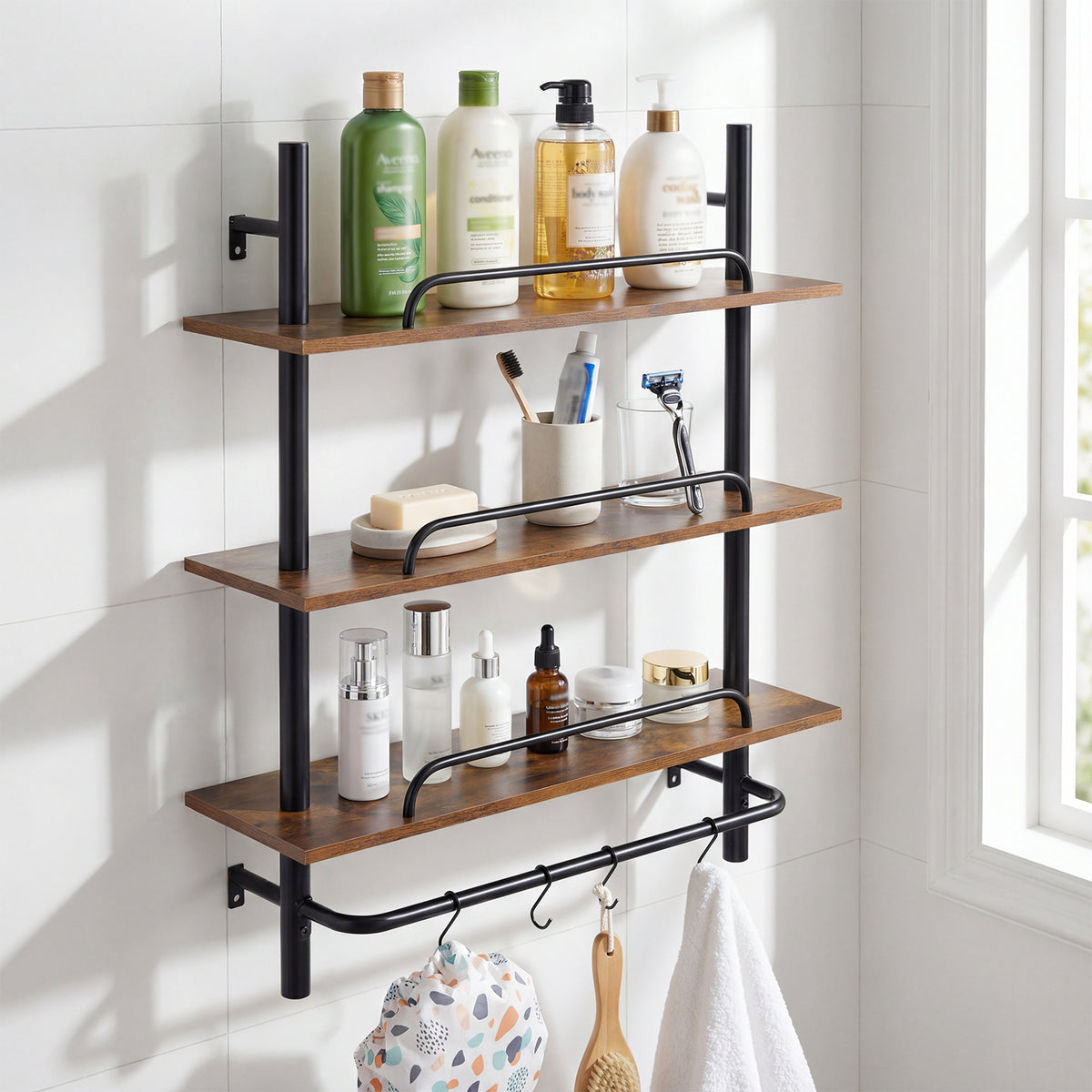 3-Tier Industrial Floating Shelves for Wall with 4 S-Shaped Hooks-Black