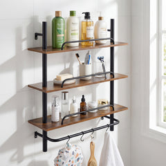 3-Tier Industrial Floating Shelves for Wall with 4 S-Shaped Hooks-Black