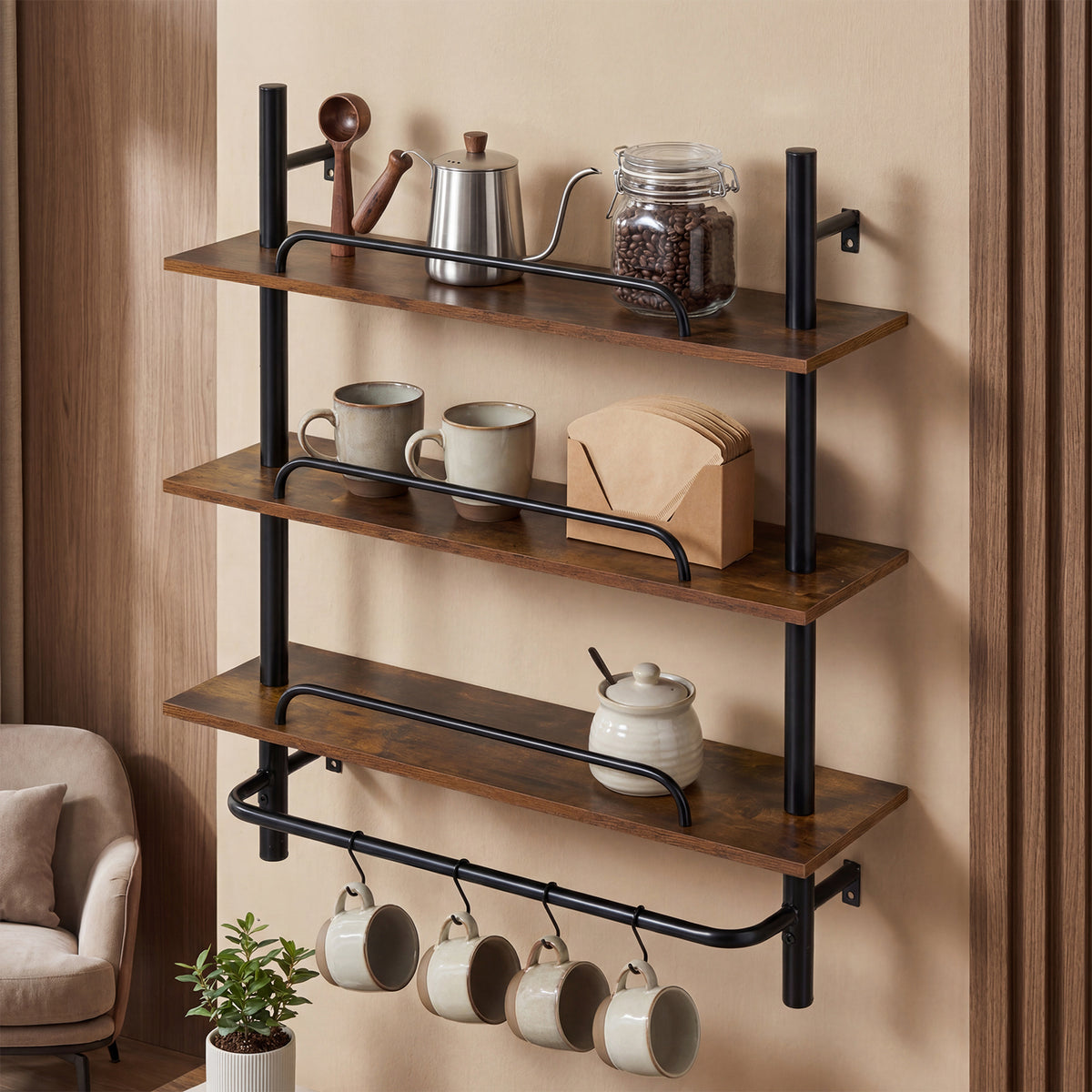 3-Tier Industrial Floating Shelves for Wall with 4 S-Shaped Hooks-Black