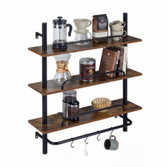 3-Tier Industrial Floating Shelves for Wall with 4 S-Shaped Hooks-Black