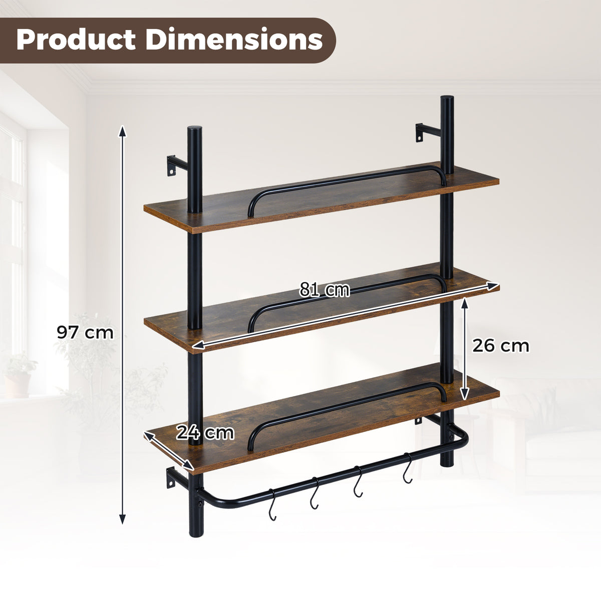 3-Tier Industrial Floating Shelves for Wall with 4 S-Shaped Hooks-Black