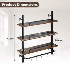 3-Tier Industrial Floating Shelves for Wall with 4 S-Shaped Hooks-Black