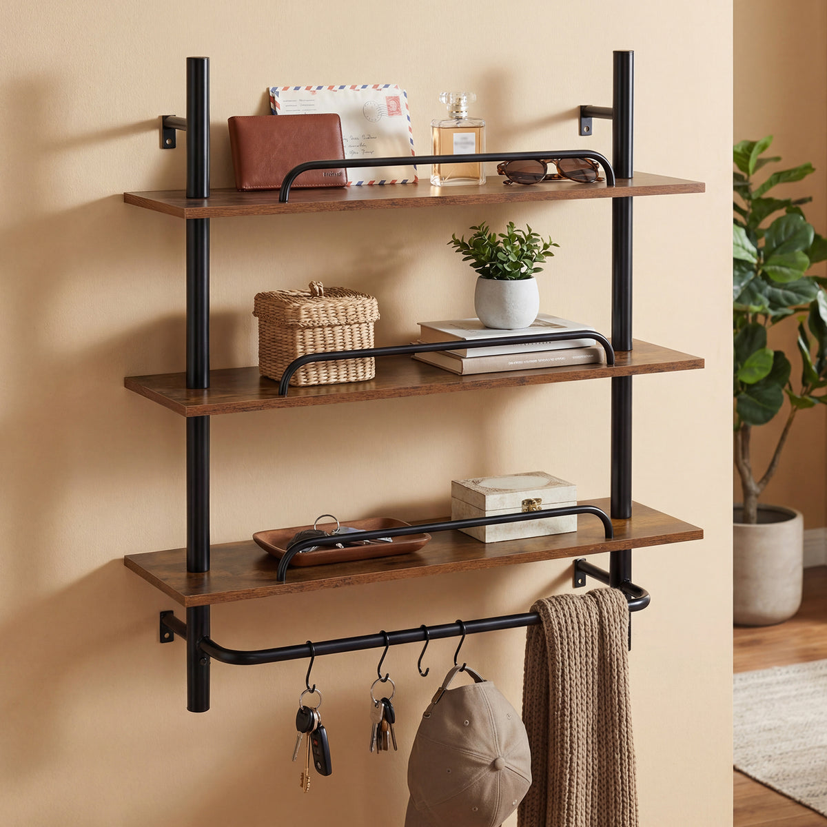 3-Tier Industrial Floating Shelves for Wall with 4 S-Shaped Hooks-Black
