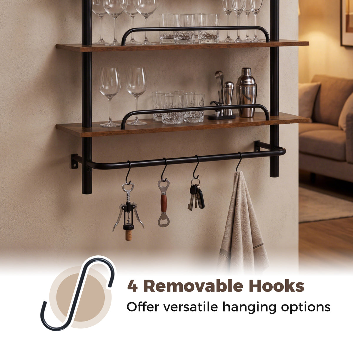 3-Tier Industrial Floating Shelves for Wall with 4 S-Shaped Hooks-Black
