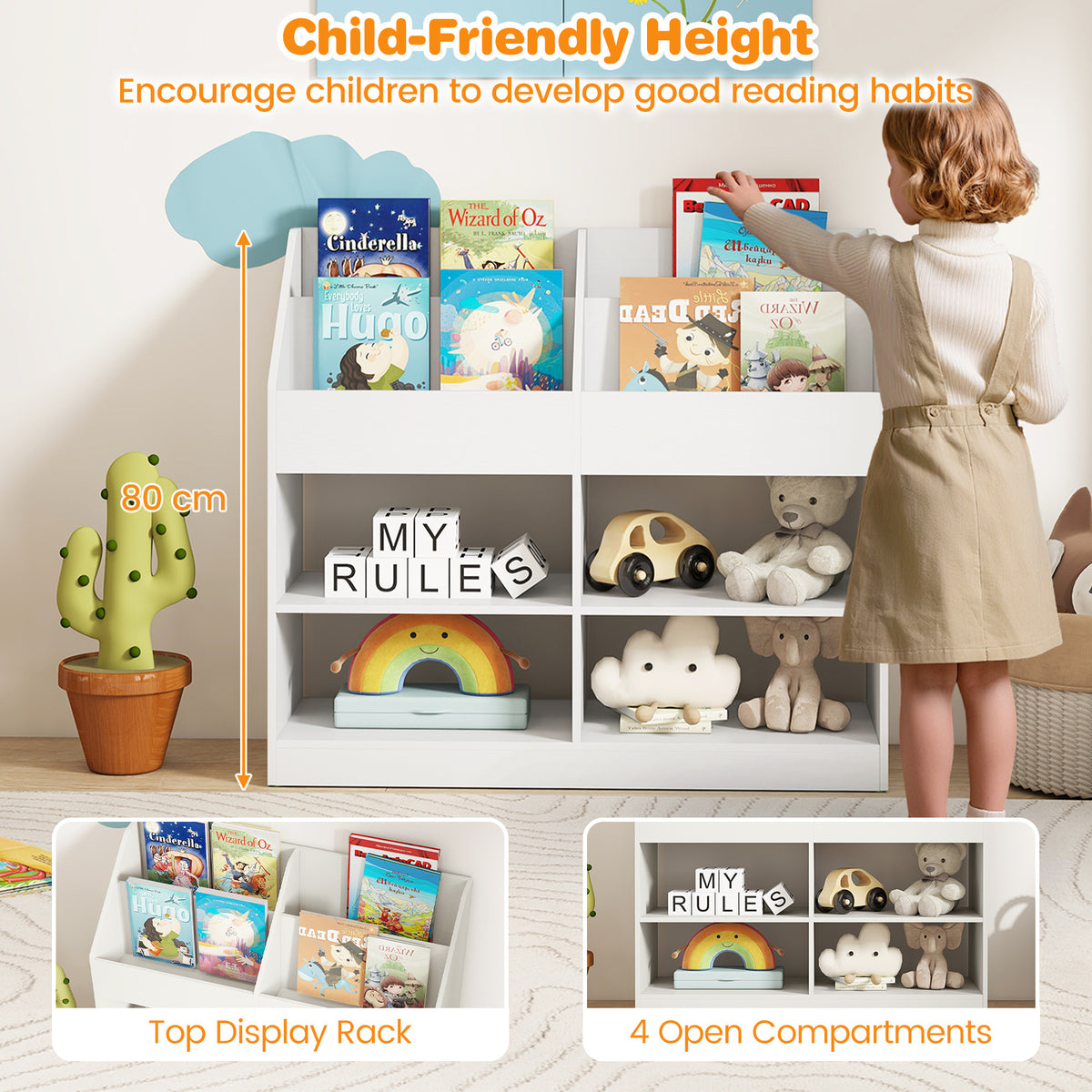 3-Tier Kid's Bookshelf with Display Rack and 4 Compartments for Kids Room-White