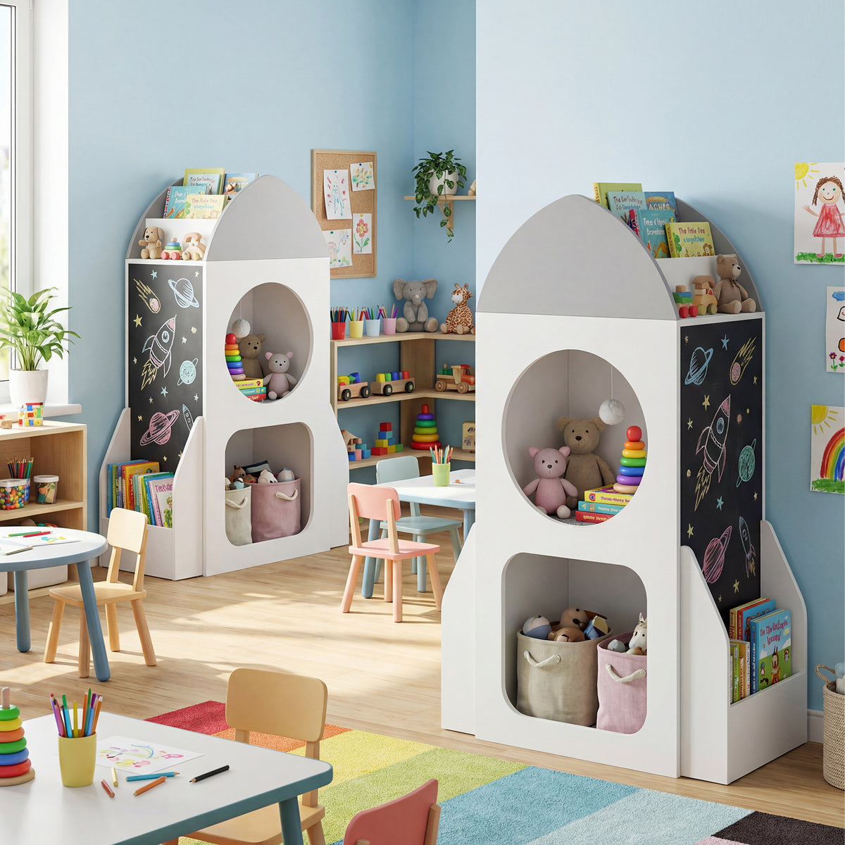 3-Tier Kids Bookshelf Rocket Space Theme Toddler Toy Storage Organizer with Chalkboard-White