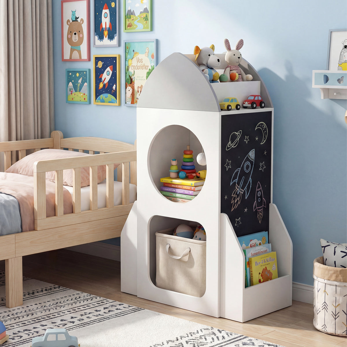 3-Tier Kids Bookshelf Rocket Space Theme Toddler Toy Storage Organizer with Chalkboard-White