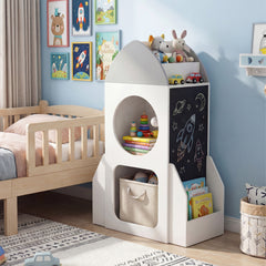 3-Tier Kids Bookshelf Rocket Space Theme Toddler Toy Storage Organizer with Chalkboard-White