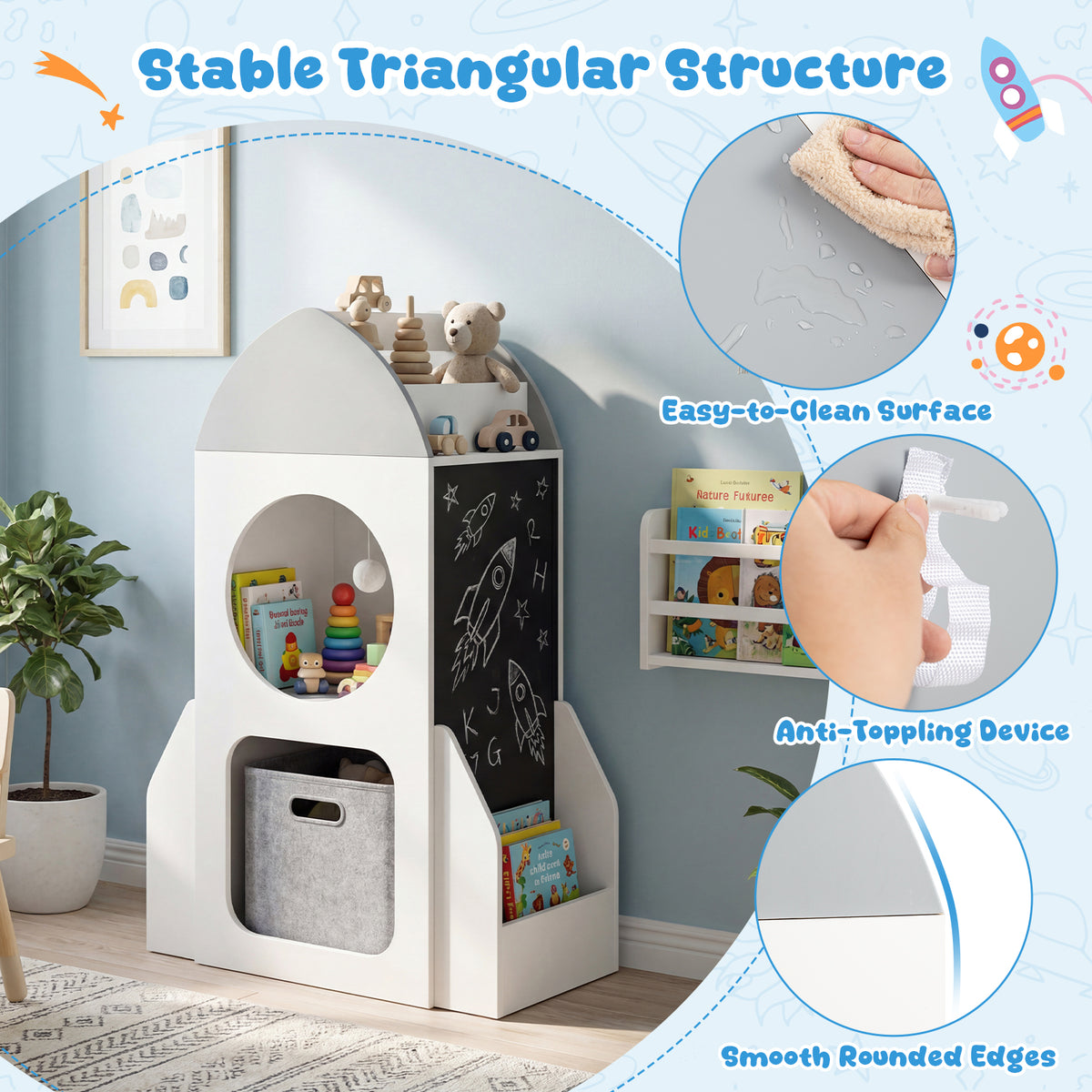 3-Tier Kids Bookshelf Rocket Space Theme Toddler Toy Storage Organizer with Chalkboard-White
