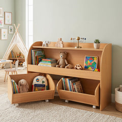 3-Tier Kids Toy Storage Organizer with 2 Rolling Drawers Bookcase for Kids Room-Natural