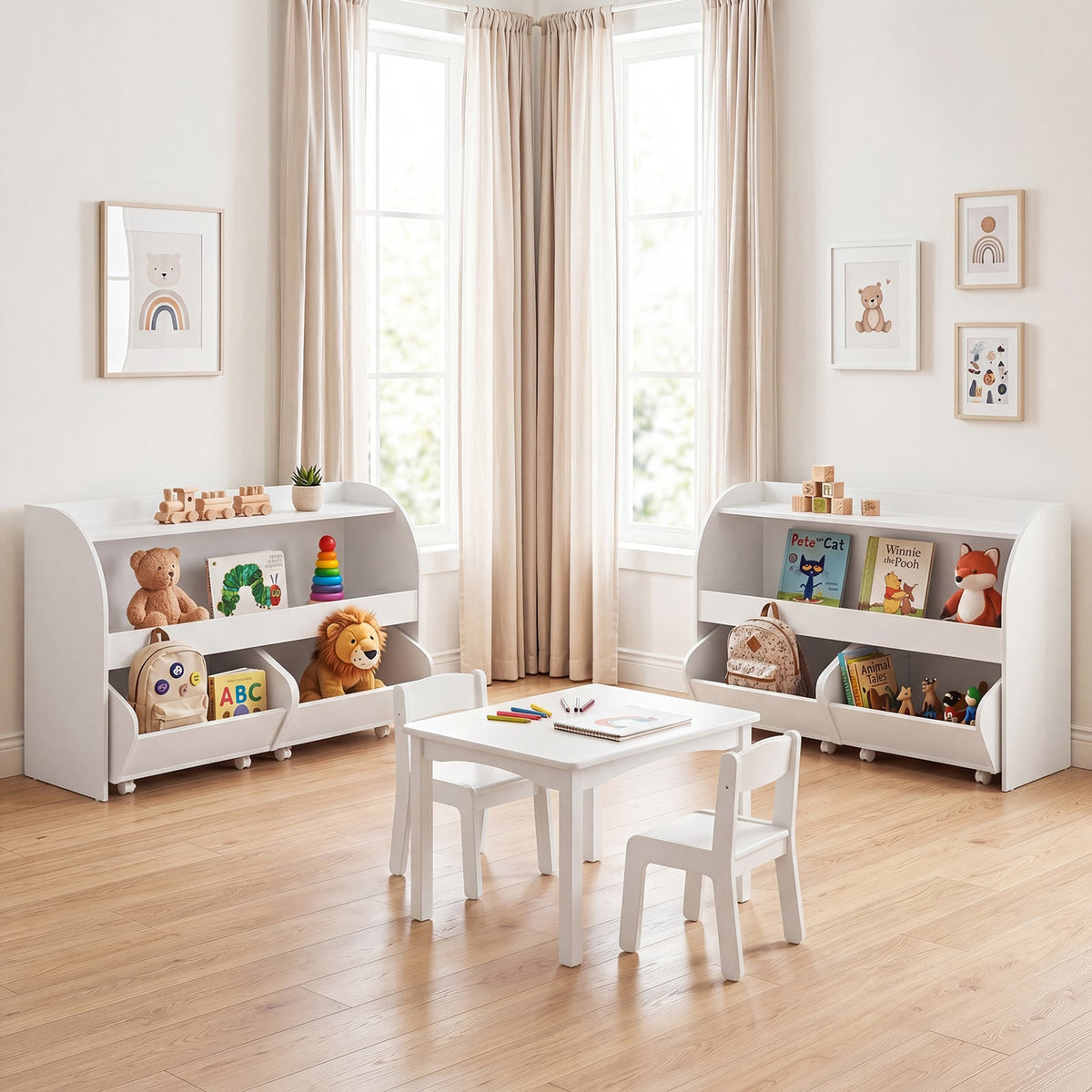3-Tier Kids Toy Storage Organizer with 2 Rolling Drawers Bookcase for Kids Room-White