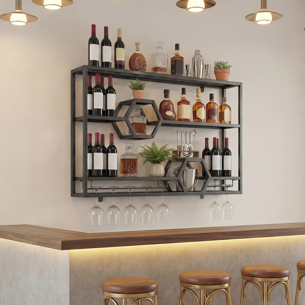 3-Tier Metal Wall Mounted Wine Rack with Glass Holder for Home Bar-Black