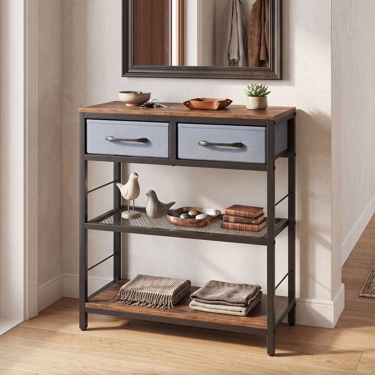 3-Tier Narrow Console Table with 2 Fabric Drawers and Open Shelves-Rustic Brown