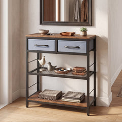 3-Tier Narrow Console Table with 2 Fabric Drawers and Open Shelves-Rustic Brown