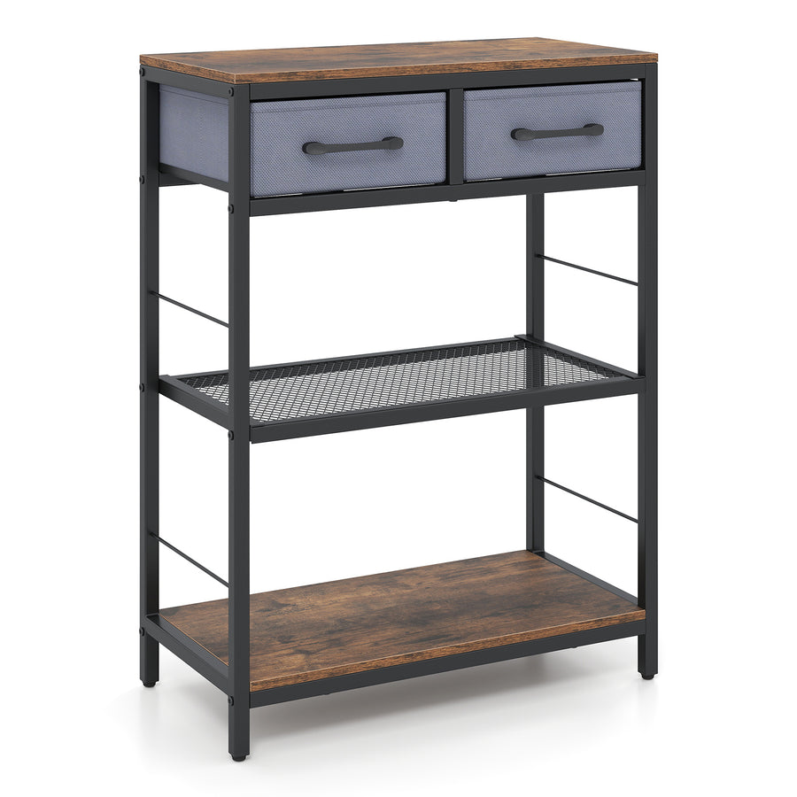 3-Tier Narrow Console Table with 2 Fabric Drawers and Open Shelves-Rustic Brown