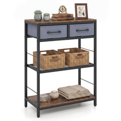 3-Tier Narrow Console Table with 2 Fabric Drawers and Open Shelves-Rustic Brown