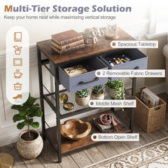 3-Tier Narrow Console Table with 2 Fabric Drawers and Open Shelves-Rustic Brown