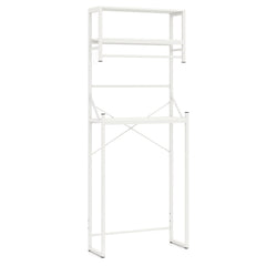 The empty white metal frame of the bathroom storage unit showing the three tiered shelves