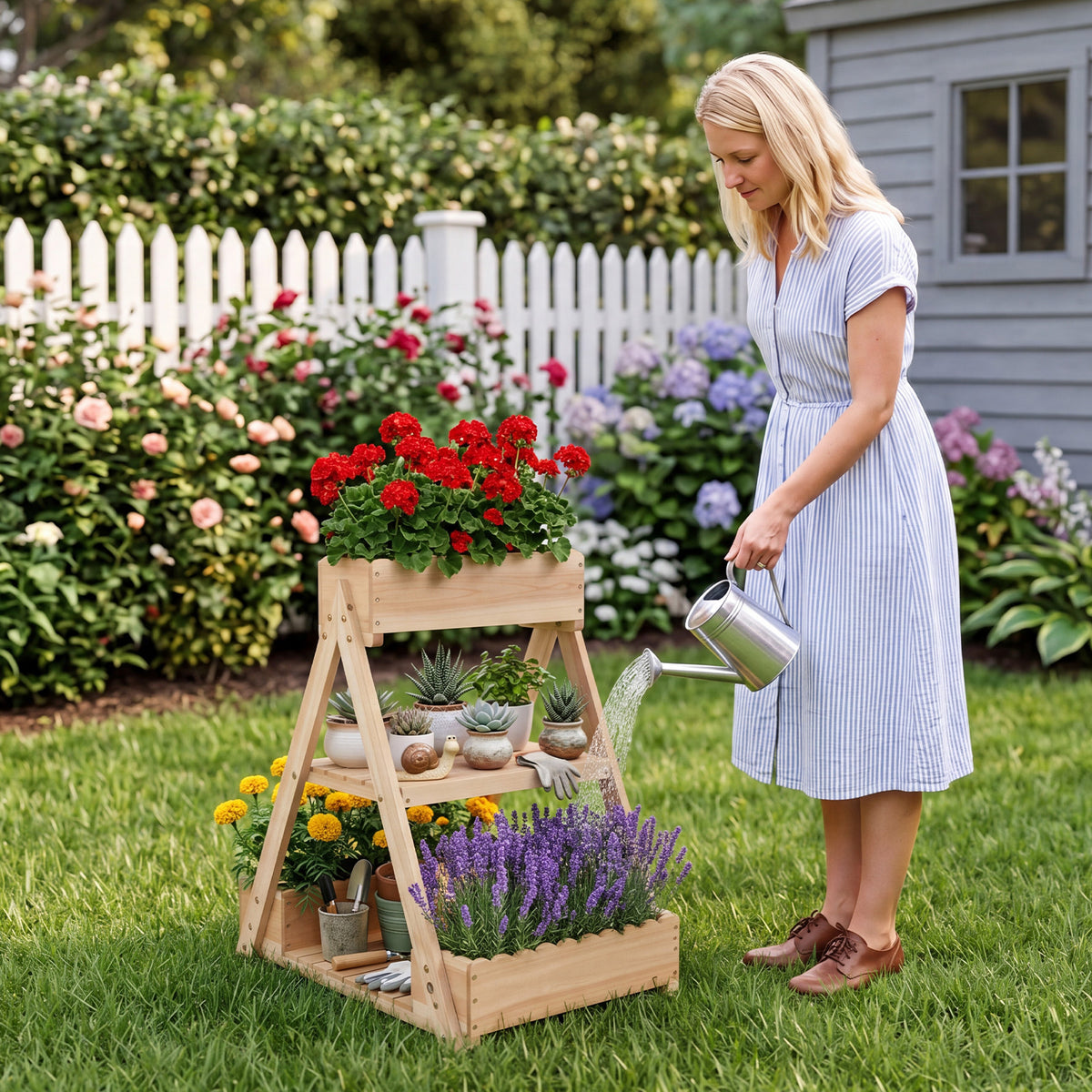 3-Tier Raised Garden Bed with 3 Planter Boxes and 2 Storage Shelves-Natural