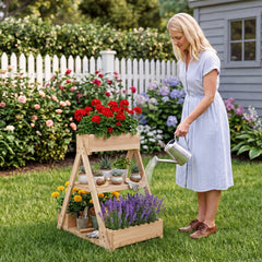 3-Tier Raised Garden Bed with 3 Planter Boxes and 2 Storage Shelves-Natural