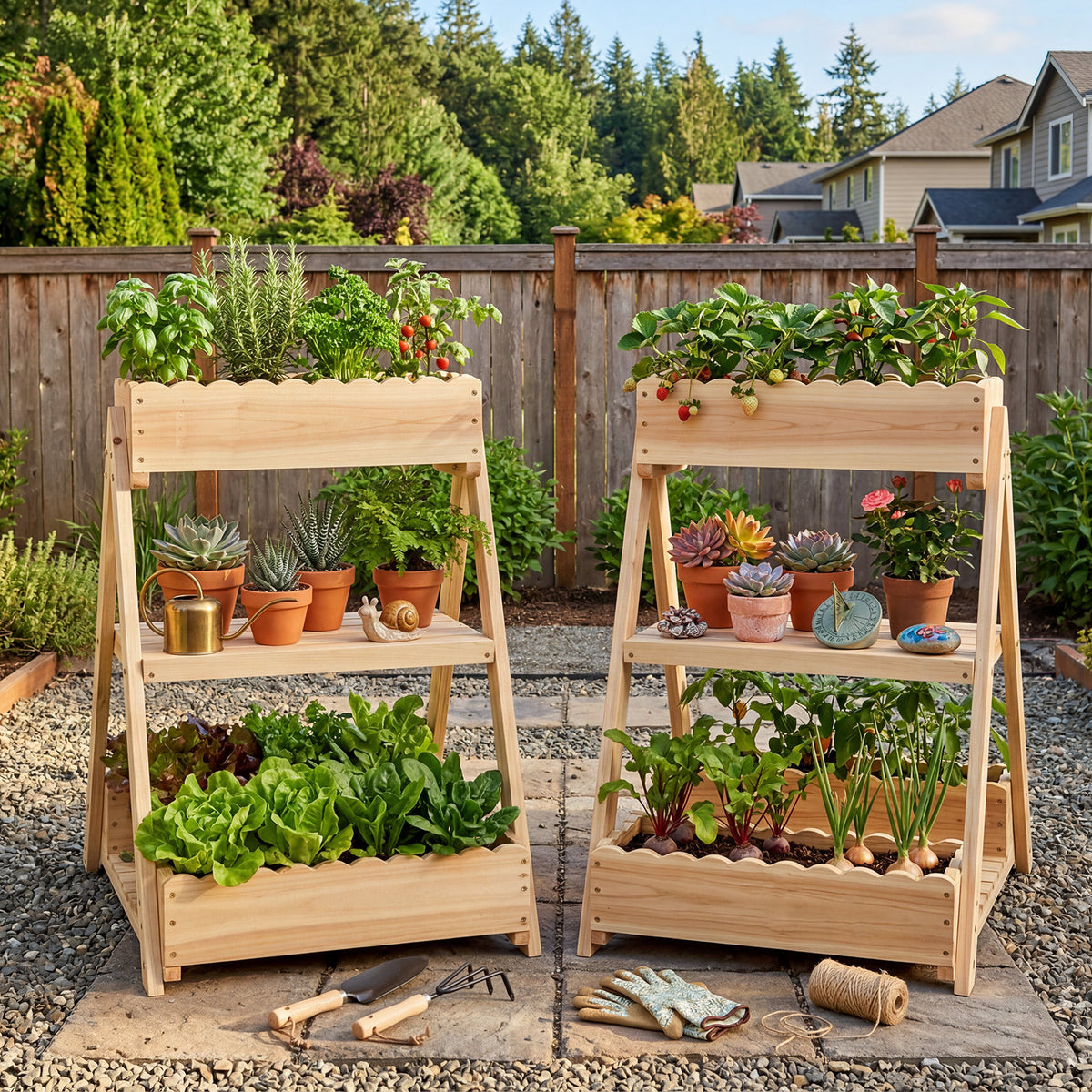 3-Tier Raised Garden Bed with 3 Planter Boxes and 2 Storage Shelves-Natural