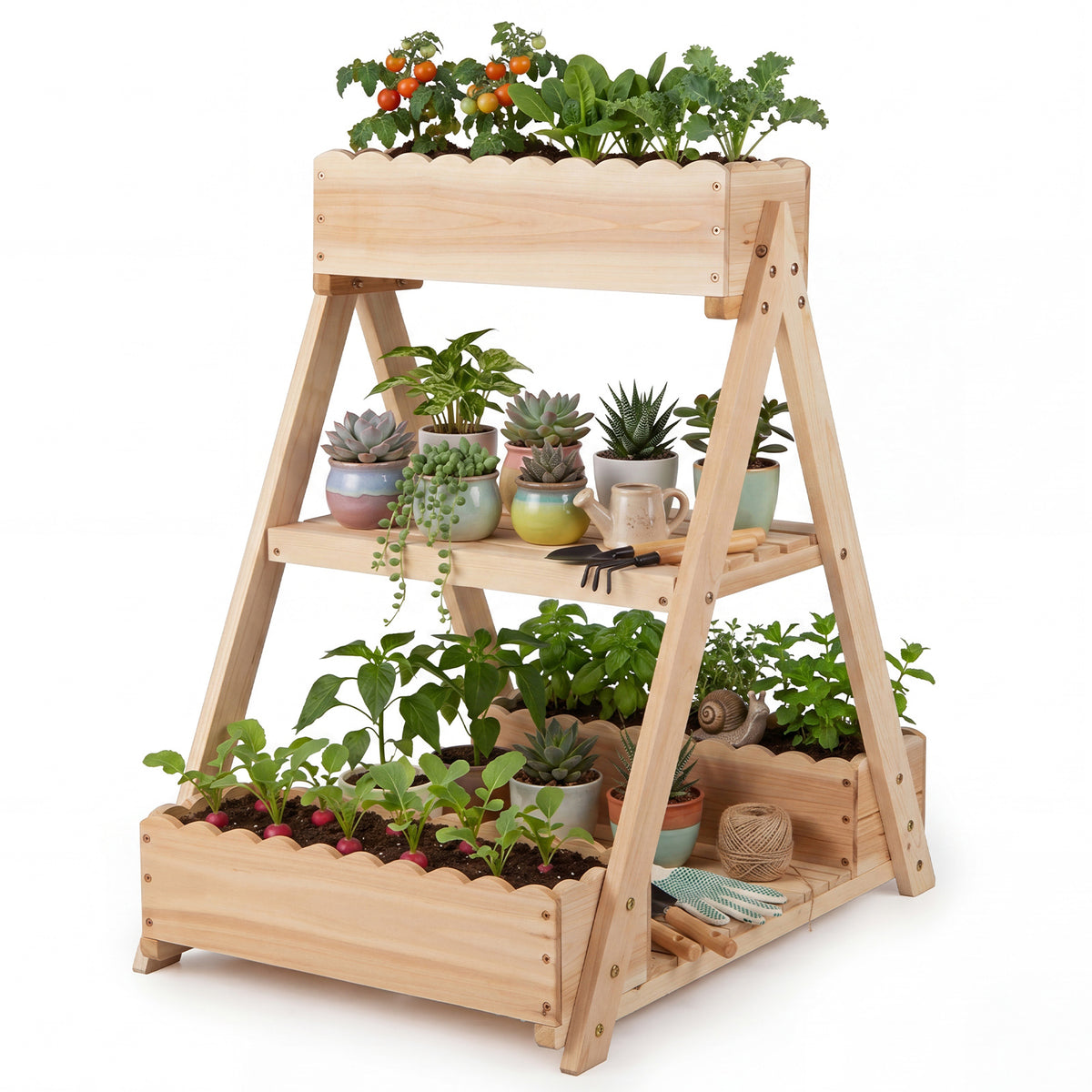 3-Tier Raised Garden Bed with 3 Planter Boxes and 2 Storage Shelves-Natural