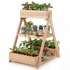 3-Tier Raised Garden Bed with 3 Planter Boxes and 2 Storage Shelves-Natural