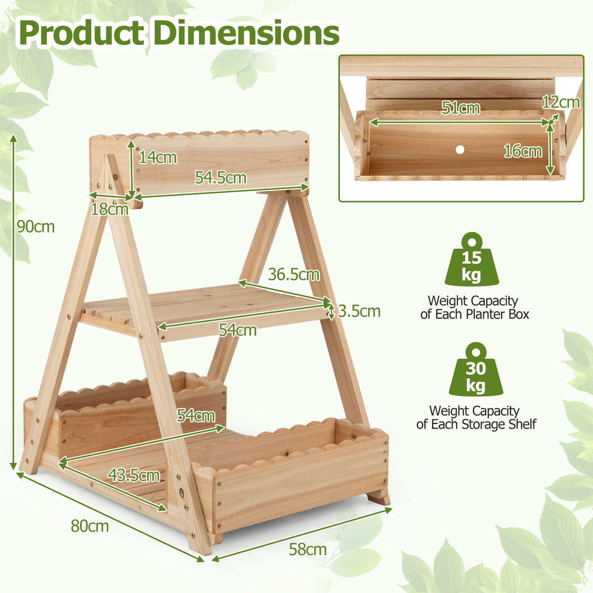3-Tier Raised Garden Bed with 3 Planter Boxes and 2 Storage Shelves-Natural