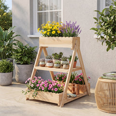 3-Tier Raised Garden Bed with 3 Planter Boxes and 2 Storage Shelves-Natural
