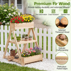 3-Tier Raised Garden Bed with 3 Planter Boxes and 2 Storage Shelves-Natural