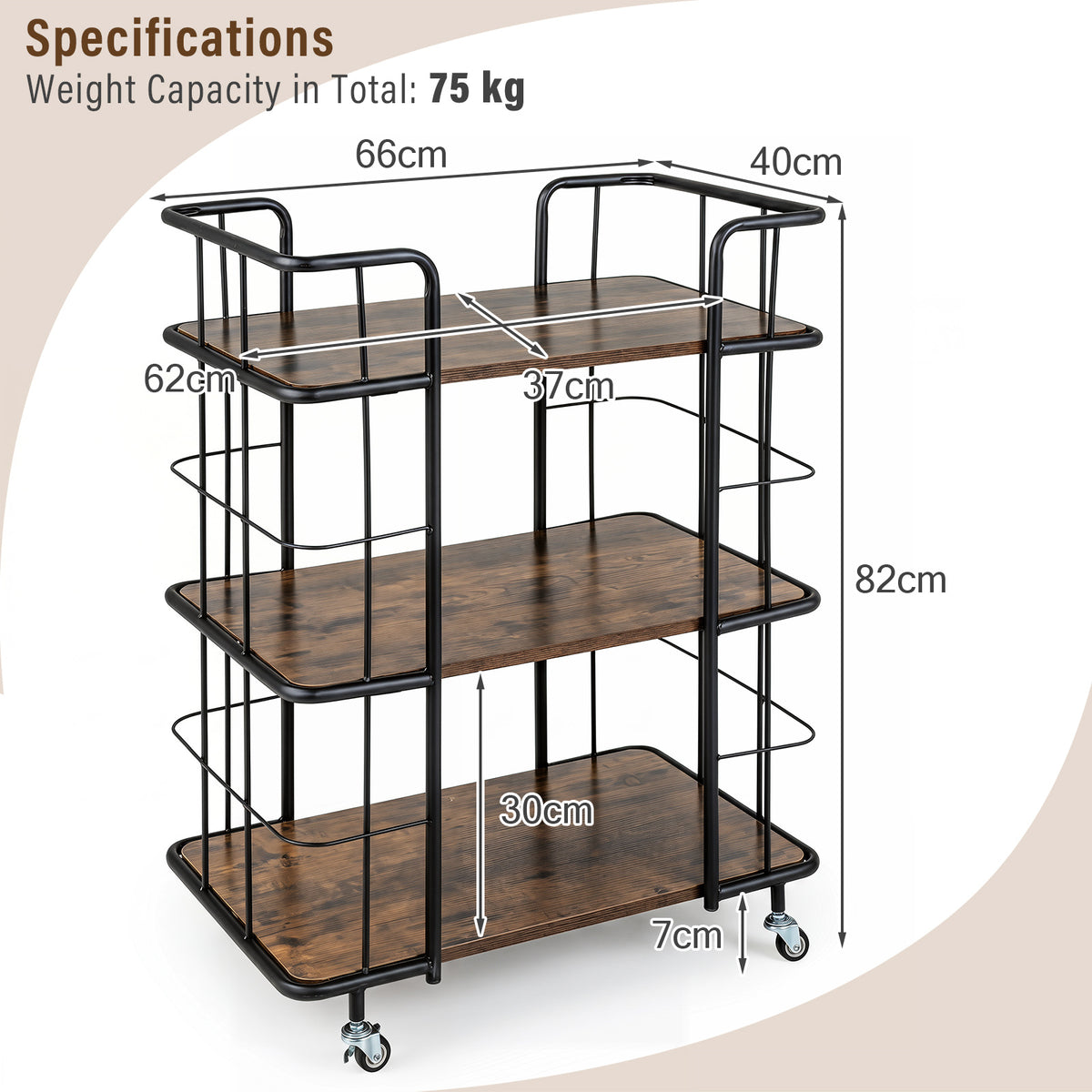 3-Tier Rolling Buffet Serving Cart with Lockable Wheels and Metal Frame-Rusticbrown